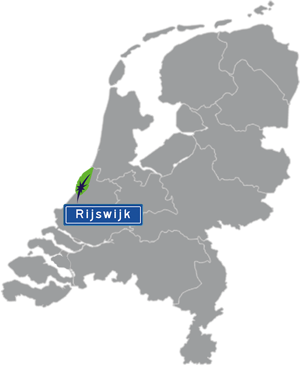 Landkaart Nederland grijs - locatie Dagnall Taleninstituut in Rijswijk - aangegeven met blauw plaatsnaambord met witte letters en Dagnall veer - op transparante achtergrond - 600 * 733 pixels